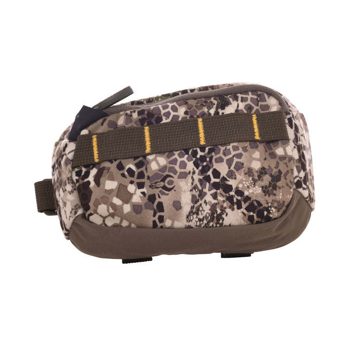 Badlands camo pouch with yellow-stitched webbing and skull logo, designed for outdoor gear organization.