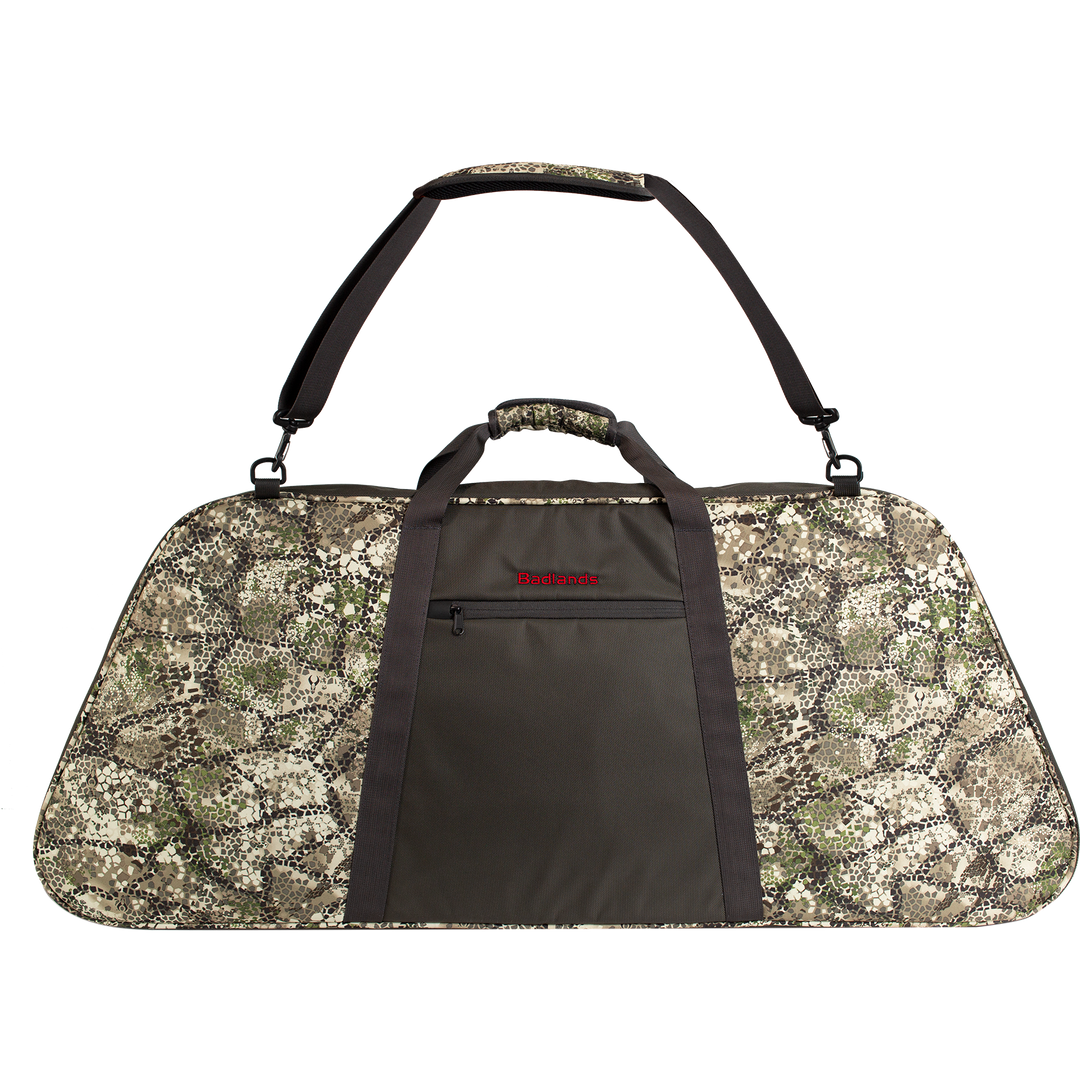 Badlands camo rifle case with shoulder strap, front zip pocket, and Badlands skull logo for secure firearm transport.