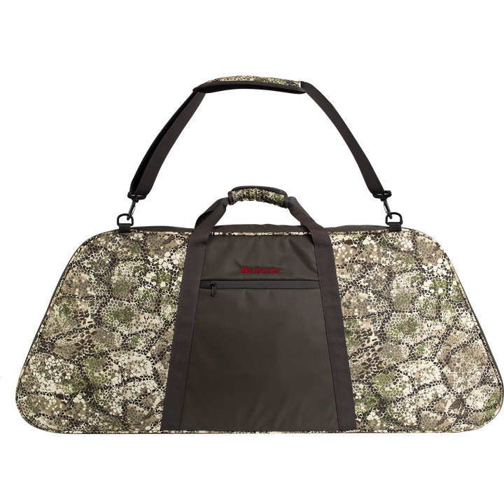 Badlands camo rifle case with shoulder strap, front zip pocket, and Badlands skull logo for secure firearm transport.