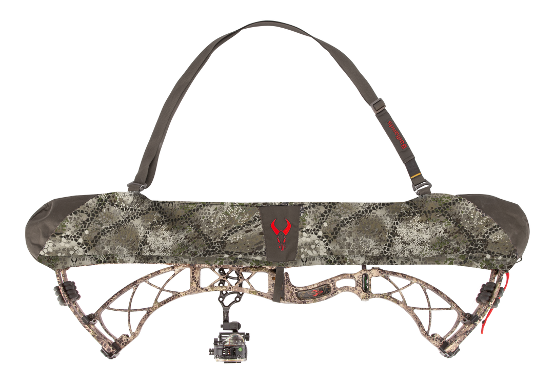 Badlands camo bow sling with red skull logo, adjustable strap, and protective cover for compound bow.
