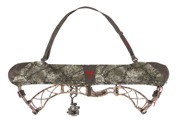 Badlands camo bow sling with red skull logo, adjustable strap, and protective cover for compound bow.