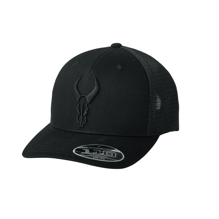 Black Badlands cap with mesh back and raised skull logo on front; Flexfit 110 sticker on brim.