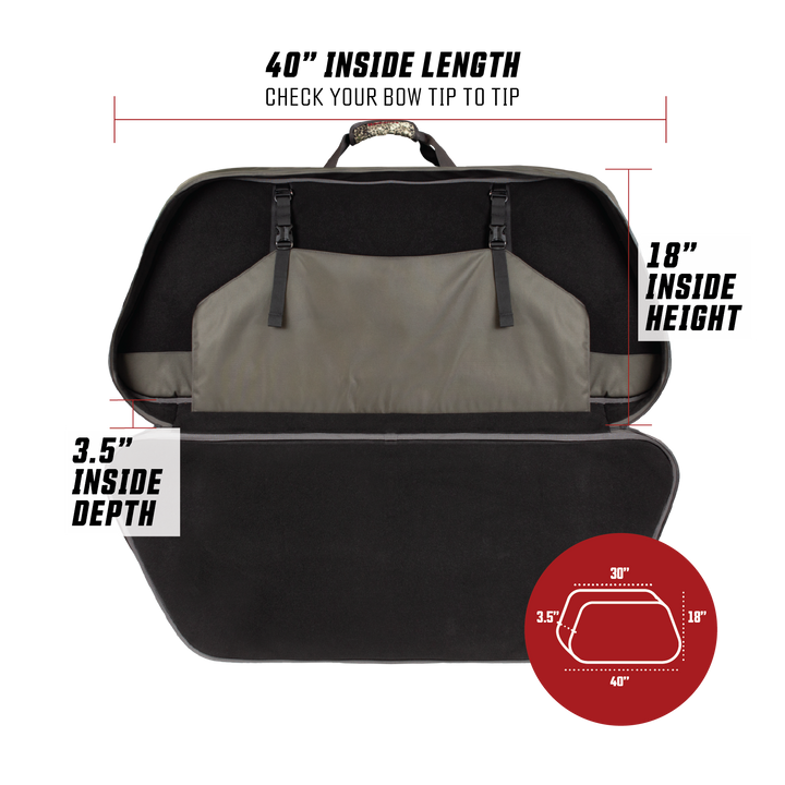 Badlands case with logo; 18" inside height, 3.5" depth, 30" top width, 40" bottom width. Black and gray interior.