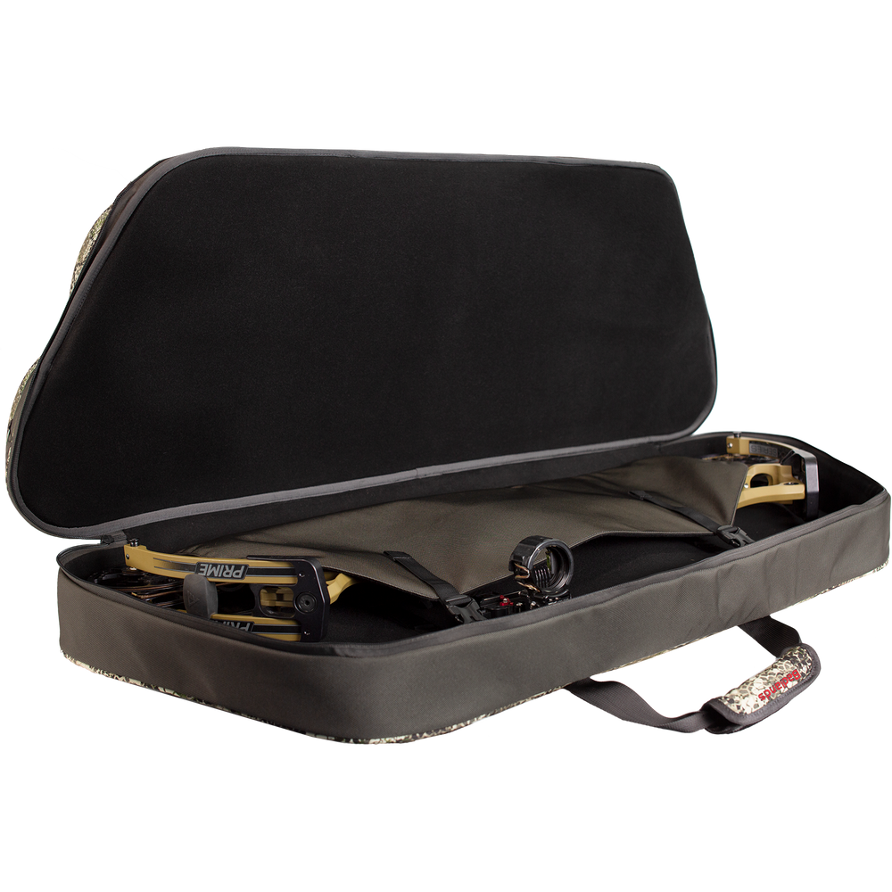 Soft bow case with open lid, showing interior straps and Badlands skull logo on the handle. Bow not included.