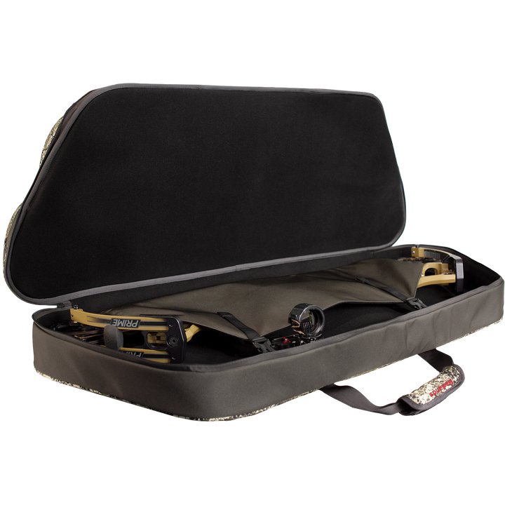 Soft bow case with open lid, showing interior straps and Badlands skull logo on the handle. Bow not included.