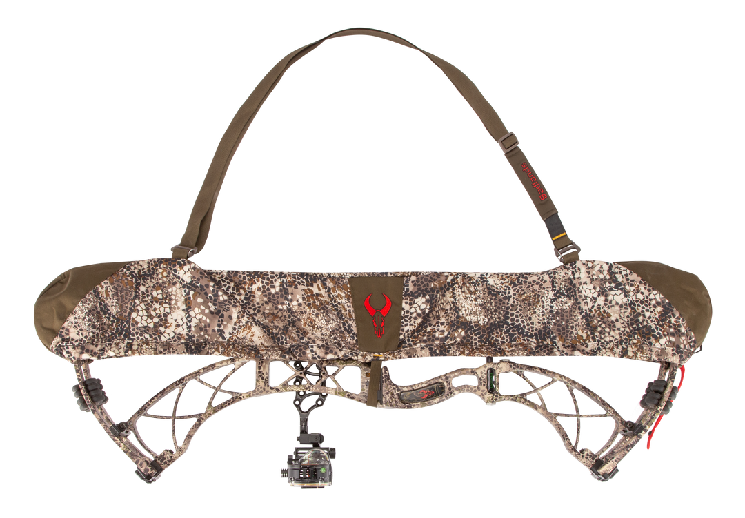 Badlands camo bow sling with red skull logo, adjustable strap, and protective cover for compound bow.