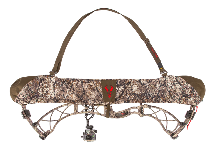 Badlands camo bow sling with red skull logo, adjustable strap, and protective cover for compound bow.