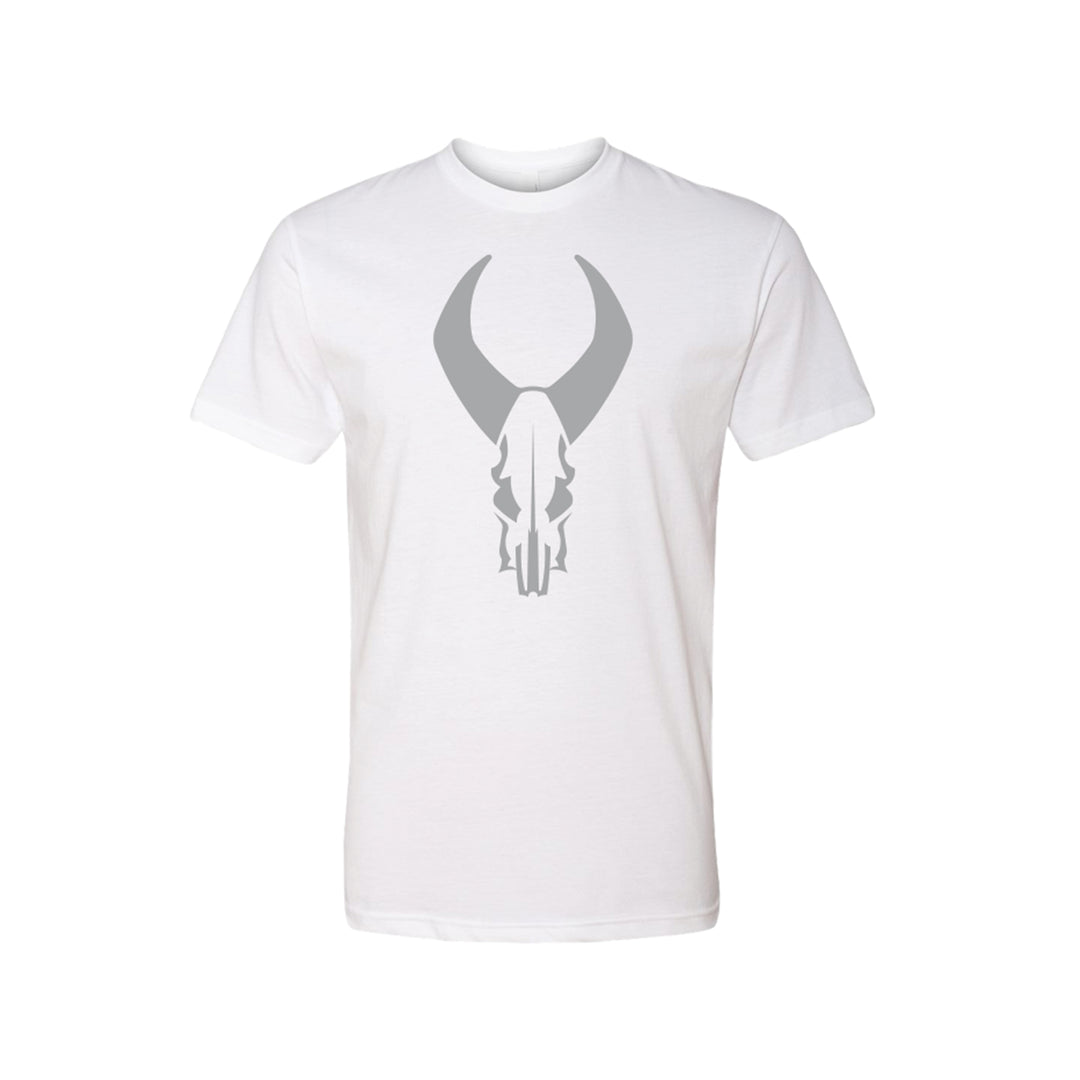 White t-shirt featuring a large gray Badlands skull logo centered on the chest.