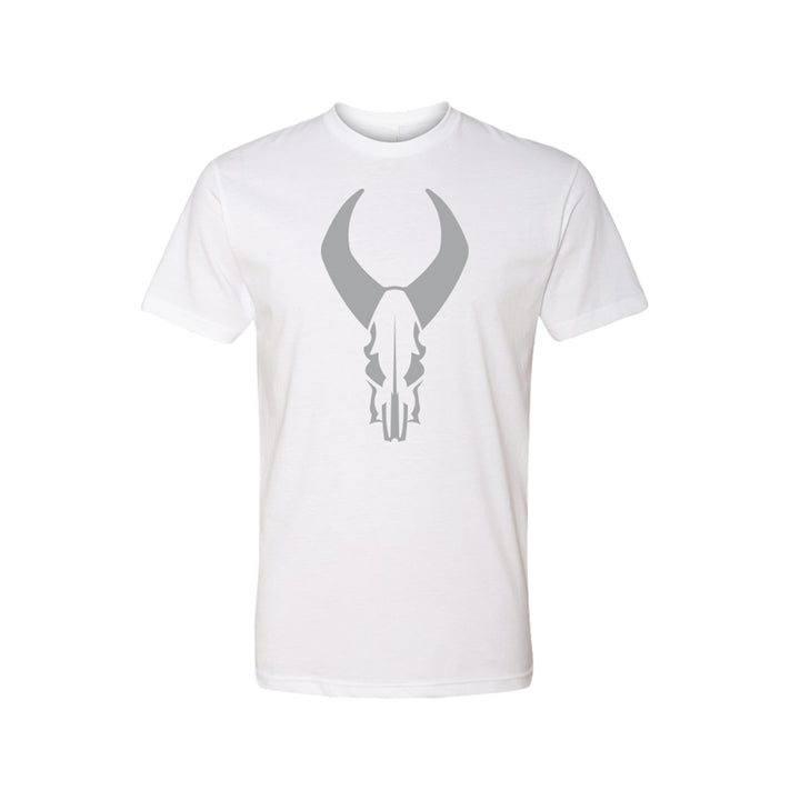 White t-shirt featuring a large gray Badlands skull logo centered on the chest.