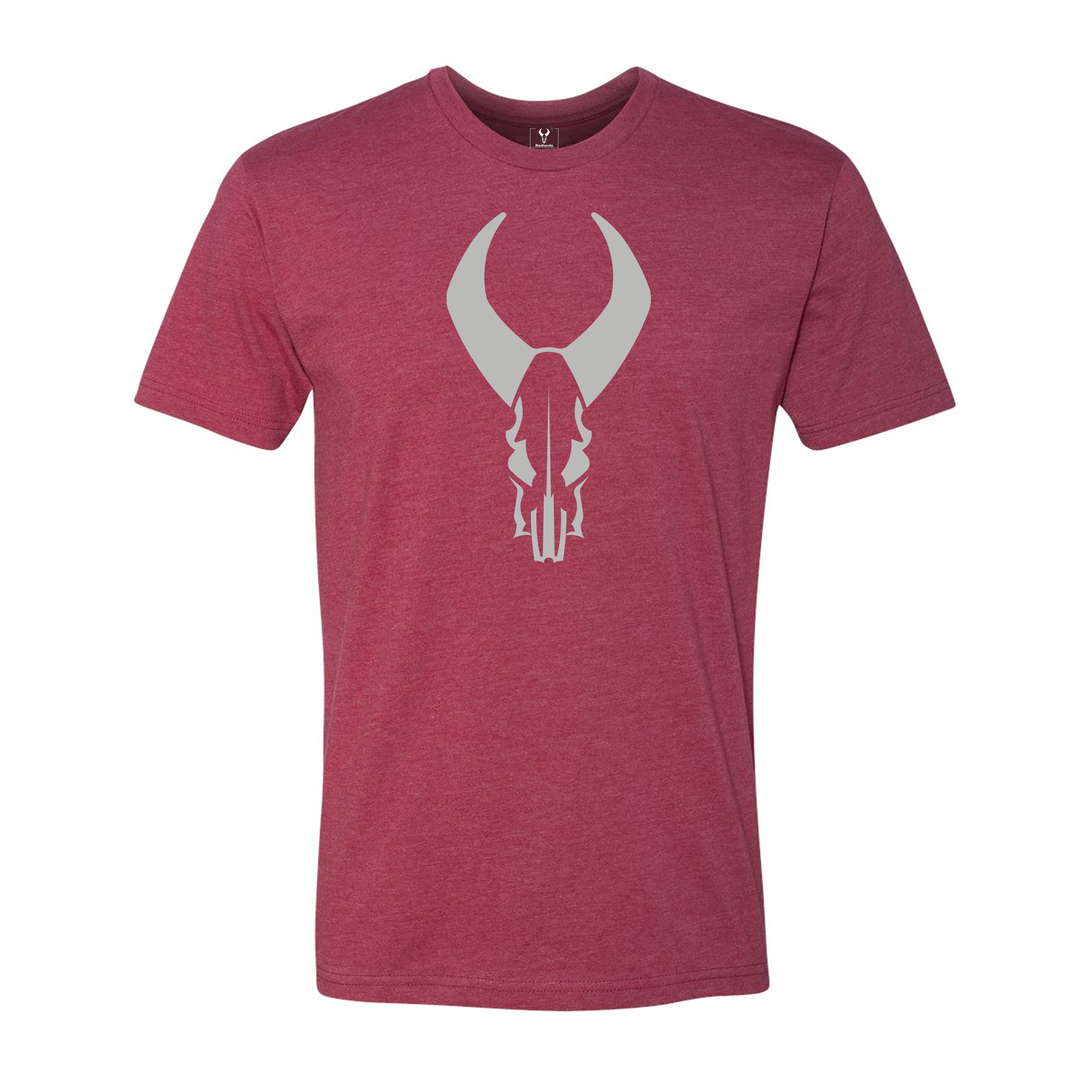 Red Badlands t-shirt featuring a large gray Badlands skull logo on the chest.