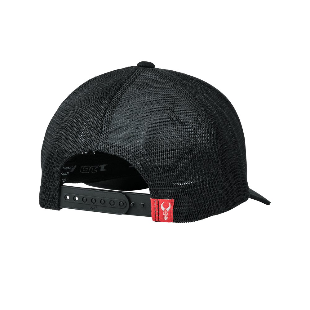 Black mesh snapback hat with a red tag featuring the Badlands skull logo on the adjustable strap.