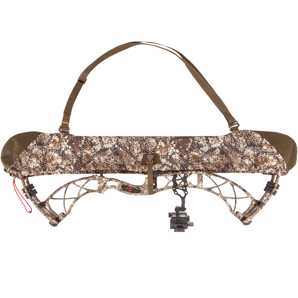 Camouflage Badlands bow sling with skull logo, adjustable strap, and protective cover for compound bow.
