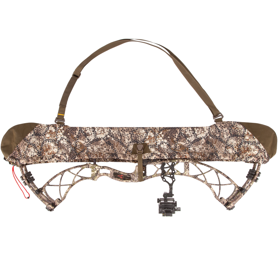 Camouflage Badlands bow sling with skull logo, adjustable strap, and protective cover for compound bow.