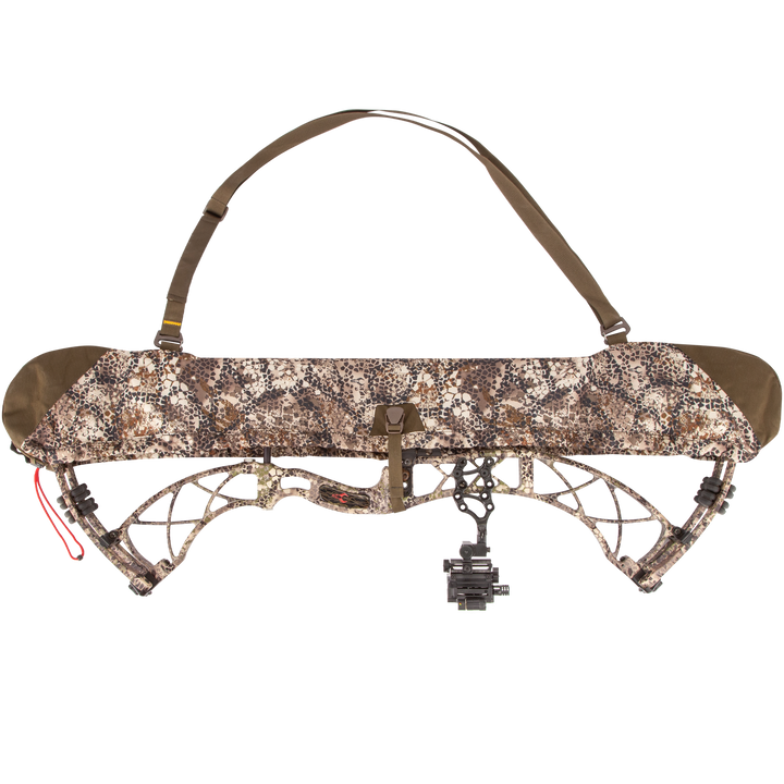 Camouflage Badlands bow sling with skull logo, adjustable strap, and protective cover for compound bow.